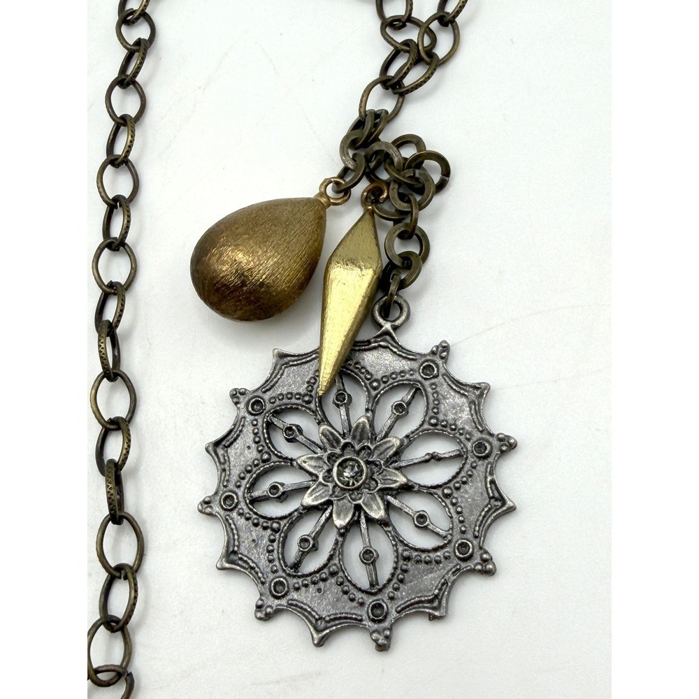 Long Mixed Metal Pendant Necklace Floral Medallion Brass Drops 37"‎
